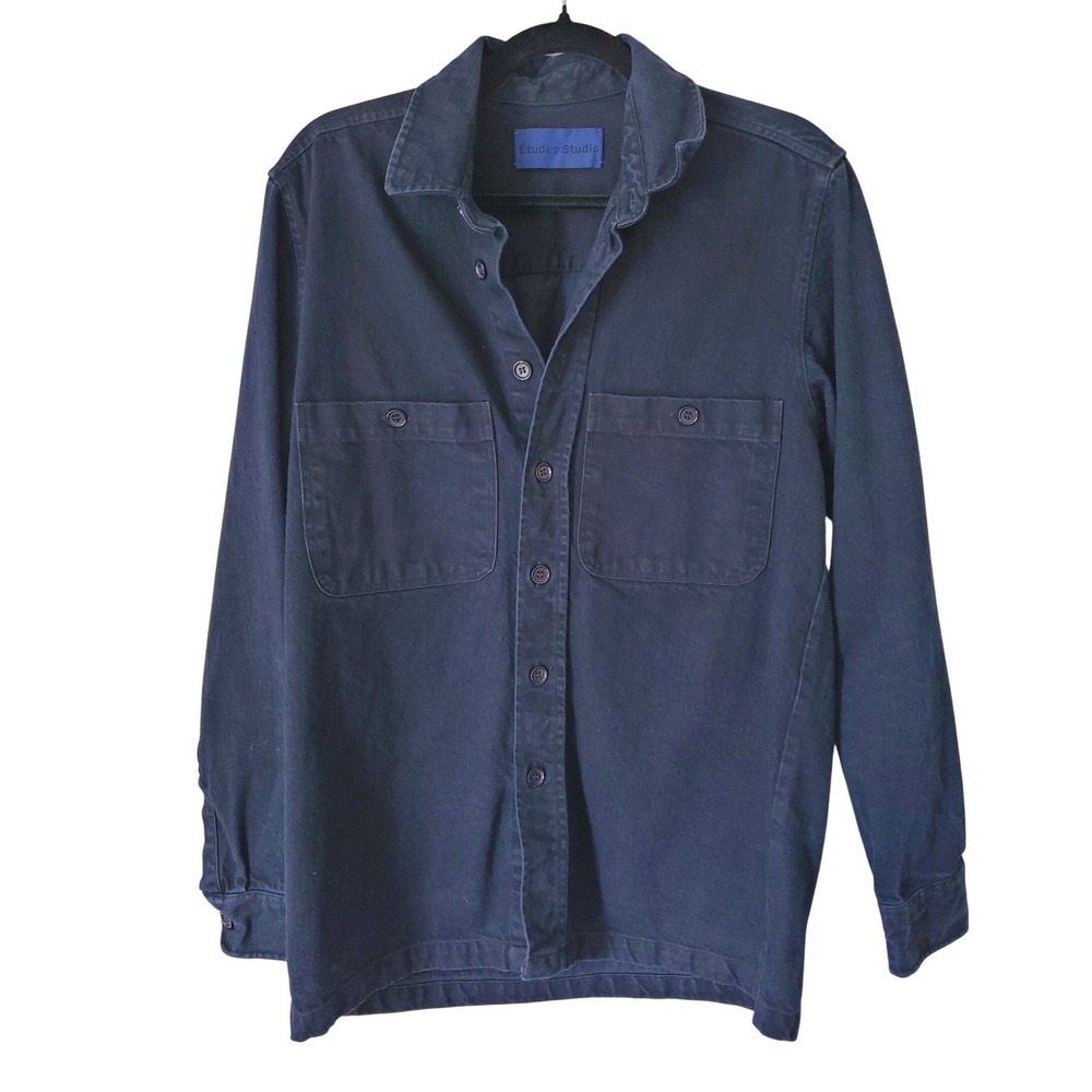 Etudes Studio Mens Navy Blue Cotton Twill Button Down Chore Overshirt Size 46